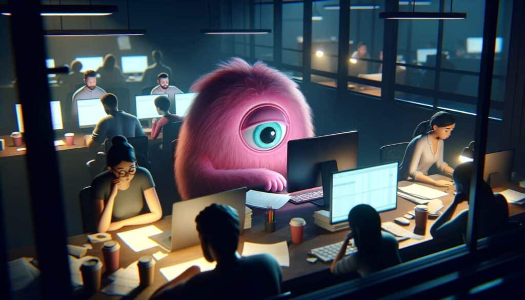 מפלצת מצוירת ורודה, פרוותית, בעלת עין אחת, עובדת ליד מחשב במשרד עמוס בלילה, מוקפת בעמיתים אנושיים ממוקדים.