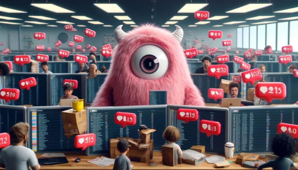 יצור קטיפה ורוד עם עין אחת גדולה מנווט במשרד עמוס מלא בעובדים המשתמשים במחשבים המציגים התראות מספריות אדומות.