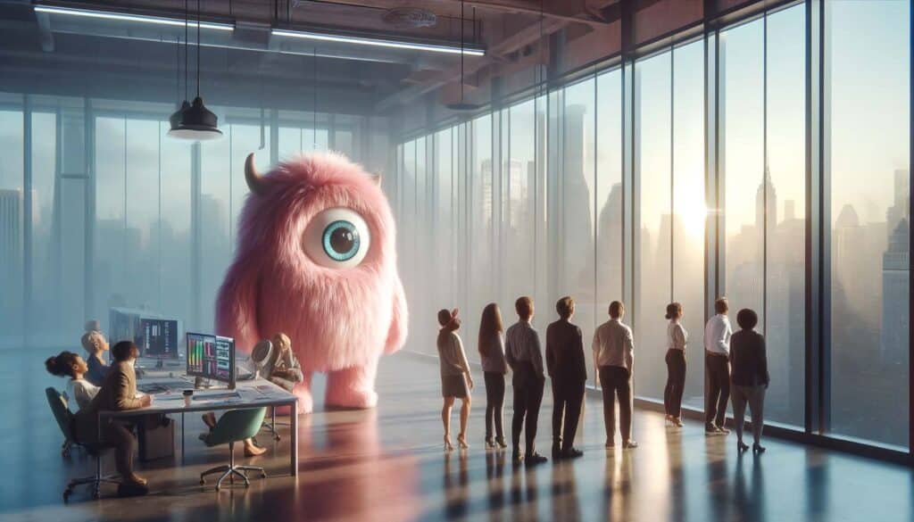 קבוצה של עובדי משרד מתבוננת במפלצת גדולה, רכה ועם עין אחת במשרד מודרני עם רקע עירוני.