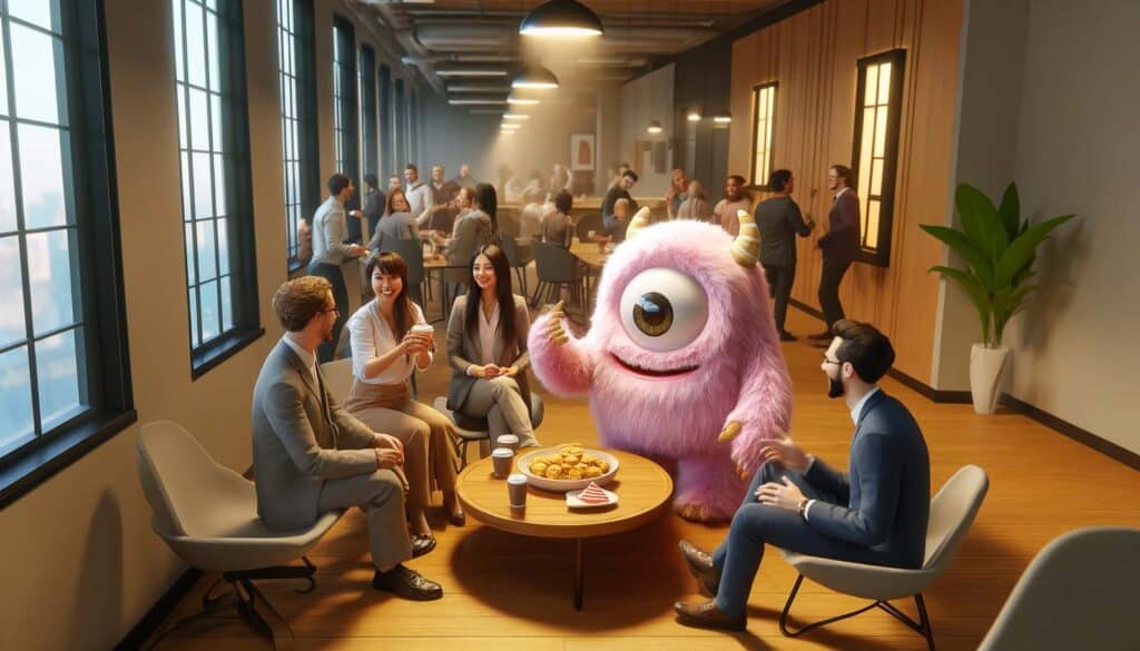 סצנה משרדית תוססת עם עובדים באינטראקציה, הכוללת קמע גדול ורוד, בעל עין אחת ורכות, שמצטרף לקבוצה סביב שולחן עם חטיפים.