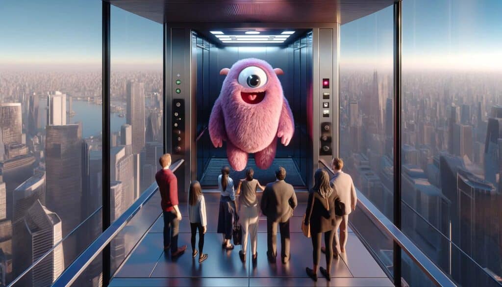 קבוצת אנשים מתבוננת במפלצת ורודה גדולה ורכה בעין אחת במעלית עתידנית המשקיפה על נוף עירוני.