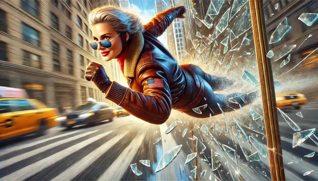 A person wearing a leather jacket and sunglasses flies through a city street, breaking glass, with taxis and buildings in the background.