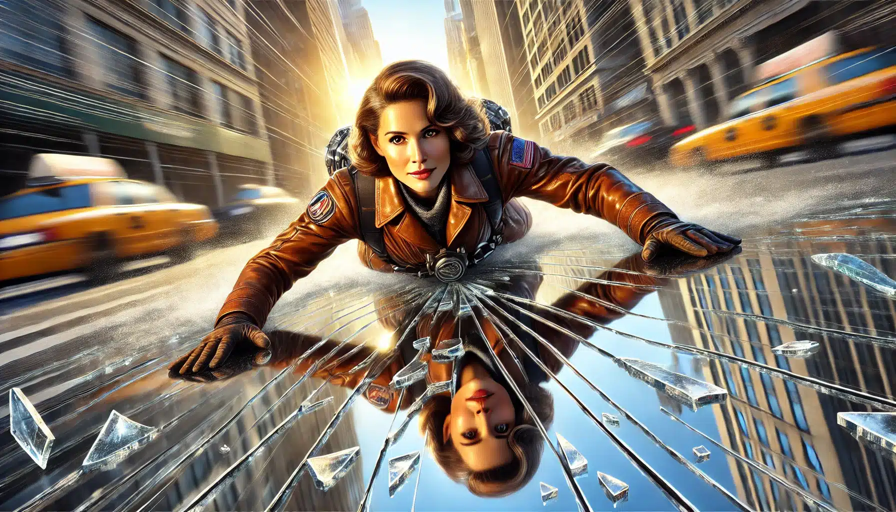 A woman in a leather jacket slides across a reflective surface in a city, surrounded by flying glass shards and passing yellow taxis.