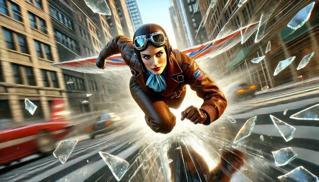 A person in vintage aviator gear flies through a city street, breaking glass shards.