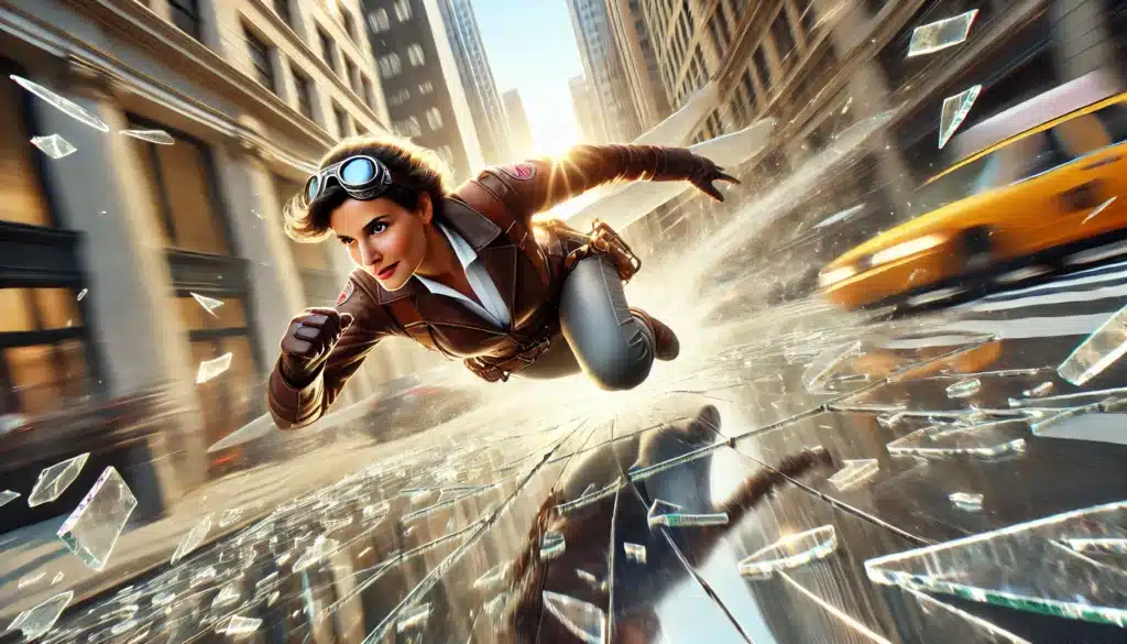 Person in aviator goggles and leather jacket flying through a shattering glass street in a city, with buildings and a yellow taxi in the background.