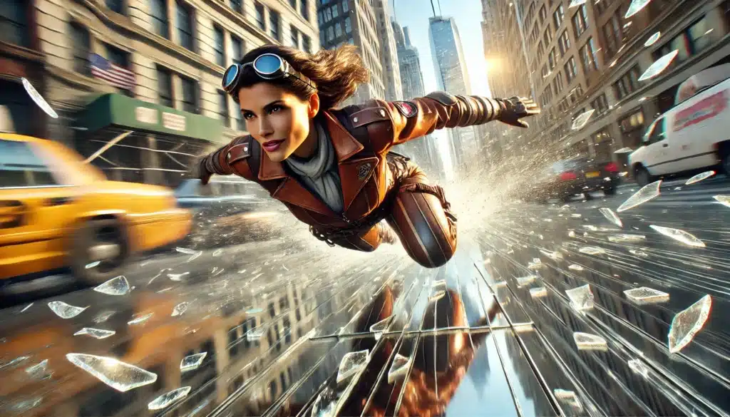 A woman in a flight suit and goggles is flying through a city street, surrounded by shattered glass, with skyscrapers in the background.