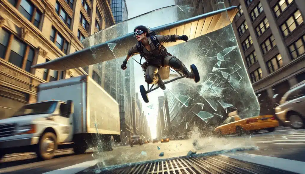 A person in flight gear crashes through a glass pane on a street, attached to a glider with wheels, surrounded by tall buildings and vehicles.