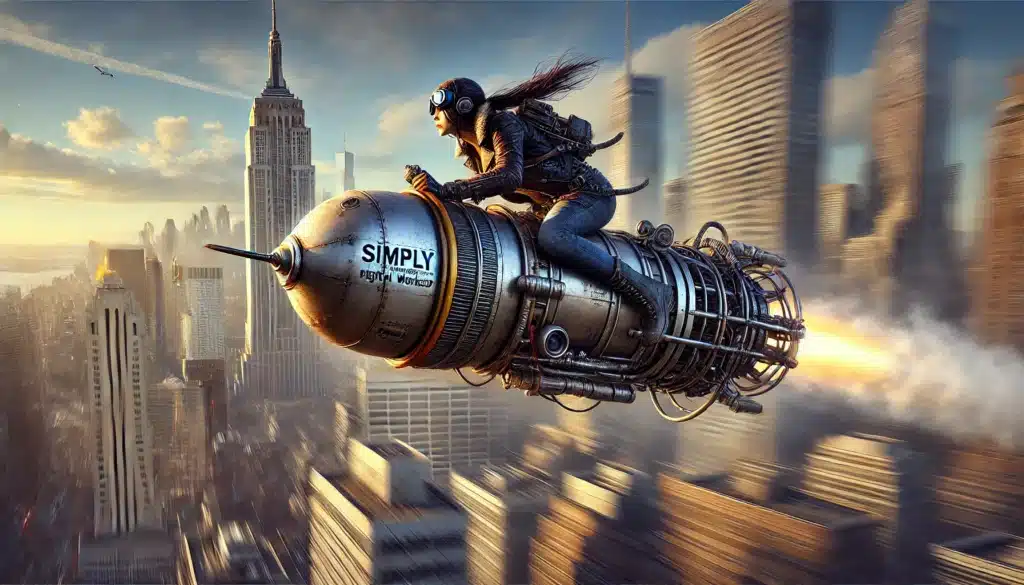 A person wearing a leather outfit and goggles rides a steampunk-style rocket above a city skyline with skyscrapers.