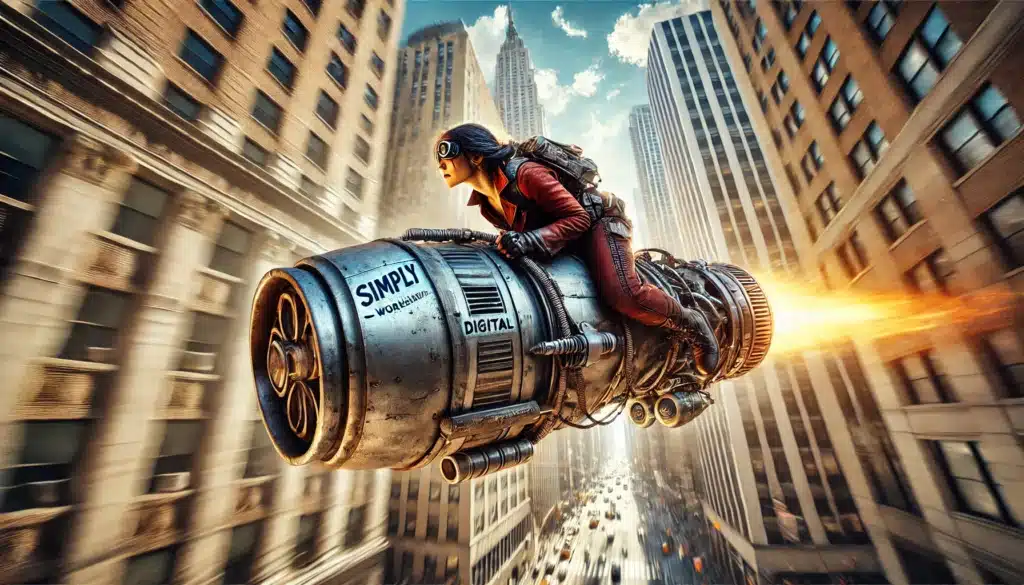 A person in a pilot outfit rides a jet-powered flying machine through a cityscape, with skyscrapers on either side. The machine emits flames from the back.