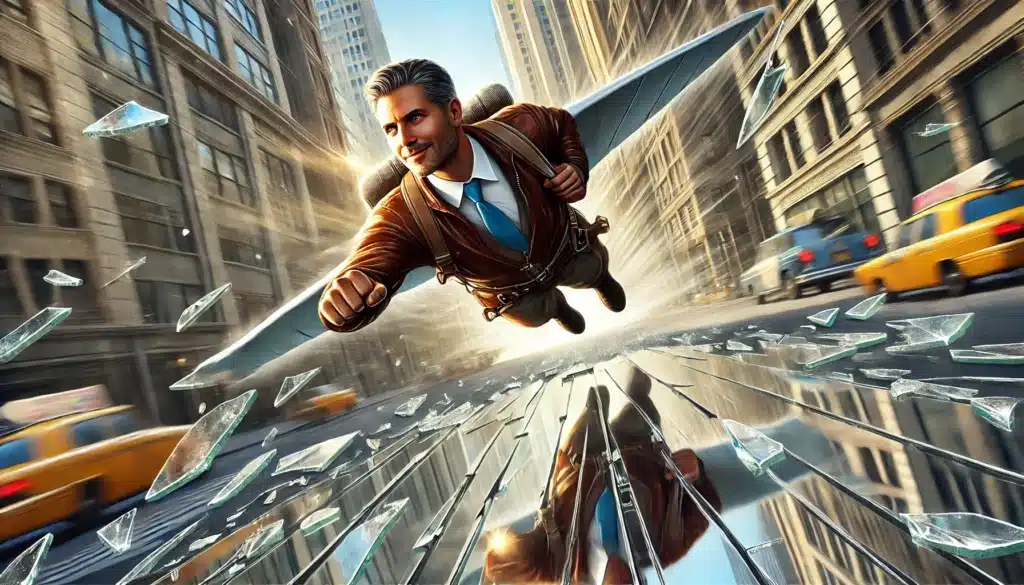 A man in a suit flies through a city street using a jetpack with wings, shattering glass beneath him.