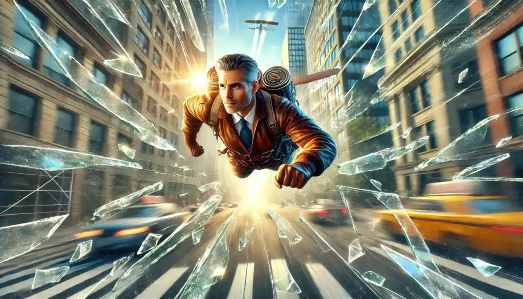 A man in a suit with a jetpack flies through a city street, shattering glass in the foreground, with a blurred cityscape in the background.