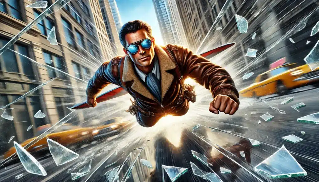 A man in a leather jacket and sunglasses flies through a city street, breaking glass. Yellow taxis are in the background.