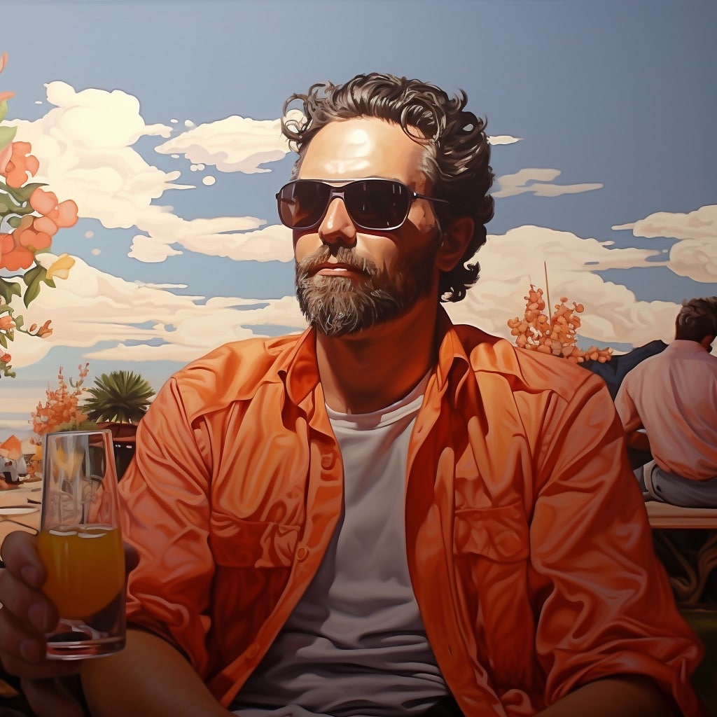 A man in sunglasses and an orange shirt holds a glass with a drink, sitting outdoors. Painted clouds and decorative elements are in the background.