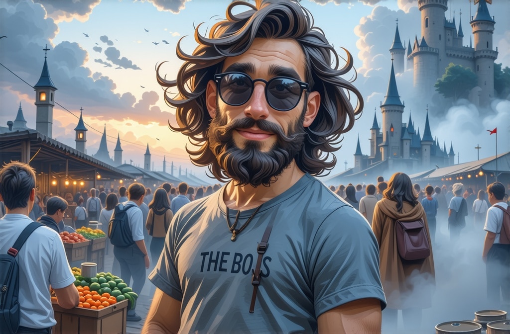 A man with long hair and sunglasses stands in a busy outdoor market, with a medieval-style castle in the background.