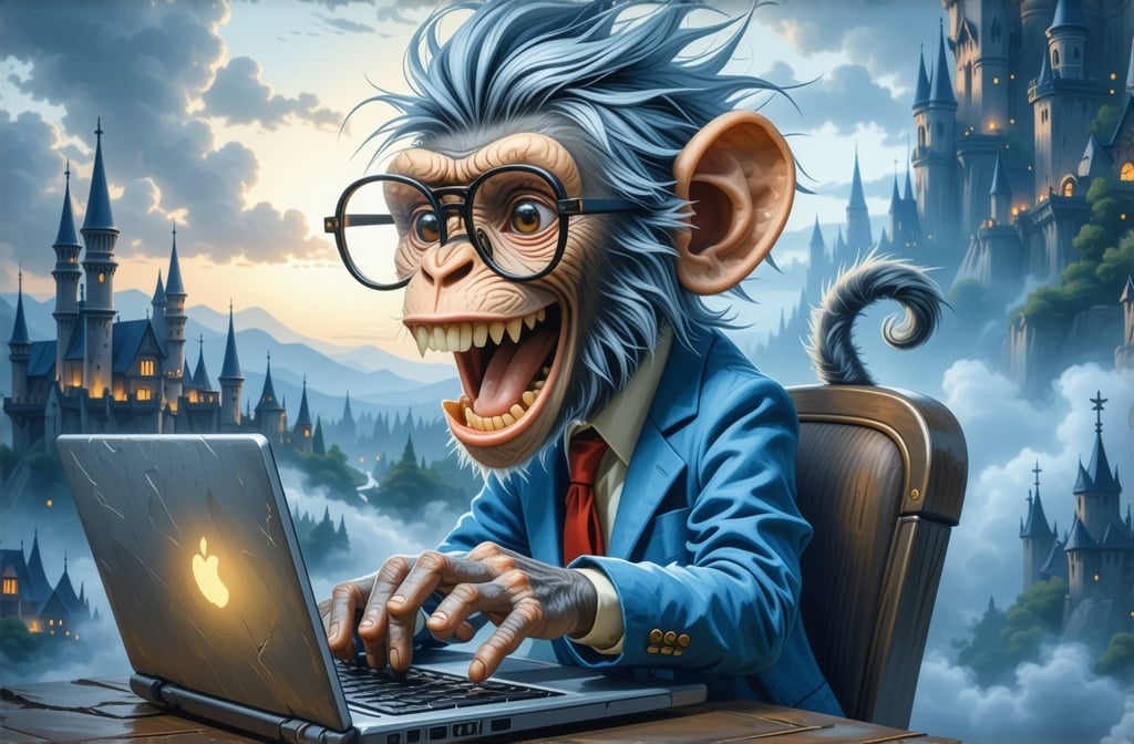 A cartoon monkey in a blue suit and glasses types on a laptop, with a fantasy castle and cloudy sky in the background.